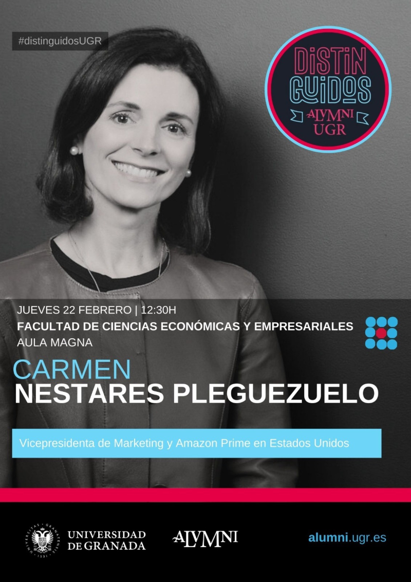 Cartel anunciador con la fotografía de Carmen Nestares, vicepresidenta de AMAZON USA anunciando su charla en nuestra Facultad