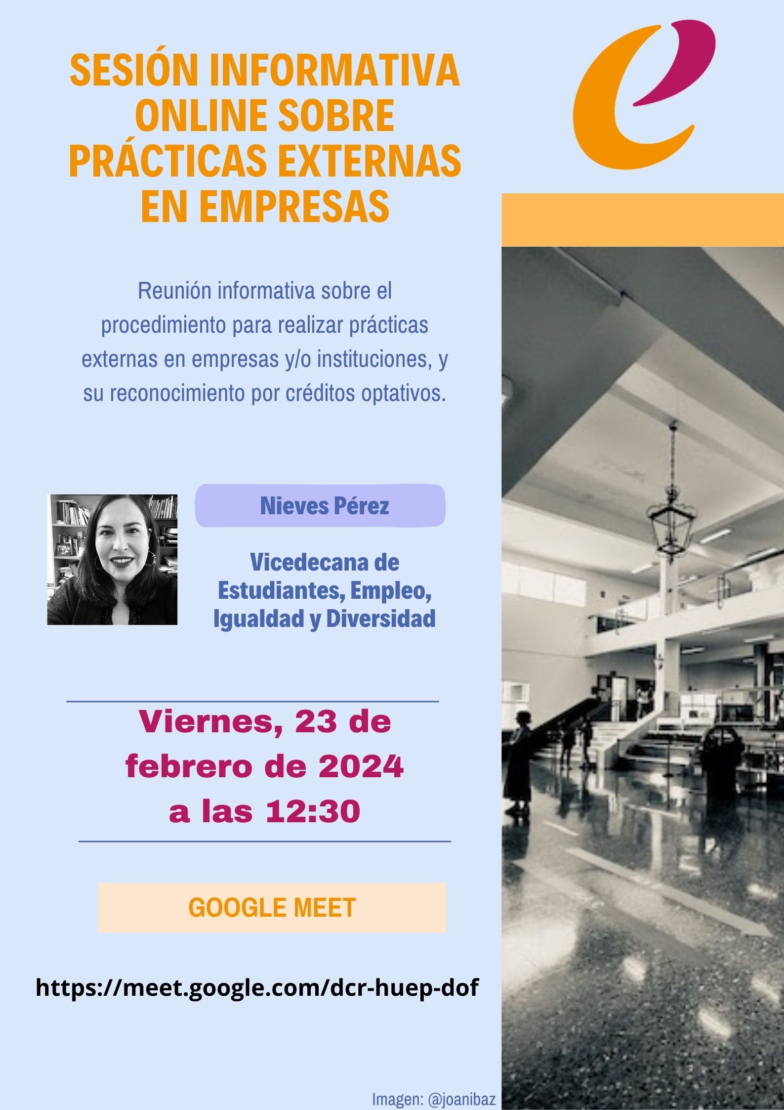 Cartel anunciador de la Sesión informativa sobre prácticas externas en empresas, a cargo de Nieves Pérez, Vicedecana 