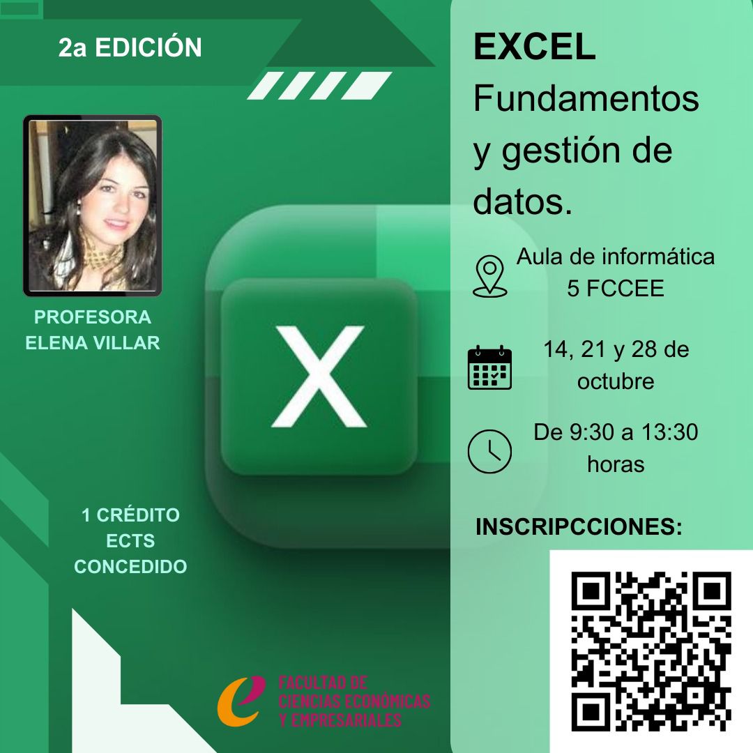 Imagen con el cartel anunciador del Curso de Excel 2ª Edición: fundamentos y gestión de datos. 1 créditos ECTS concedido