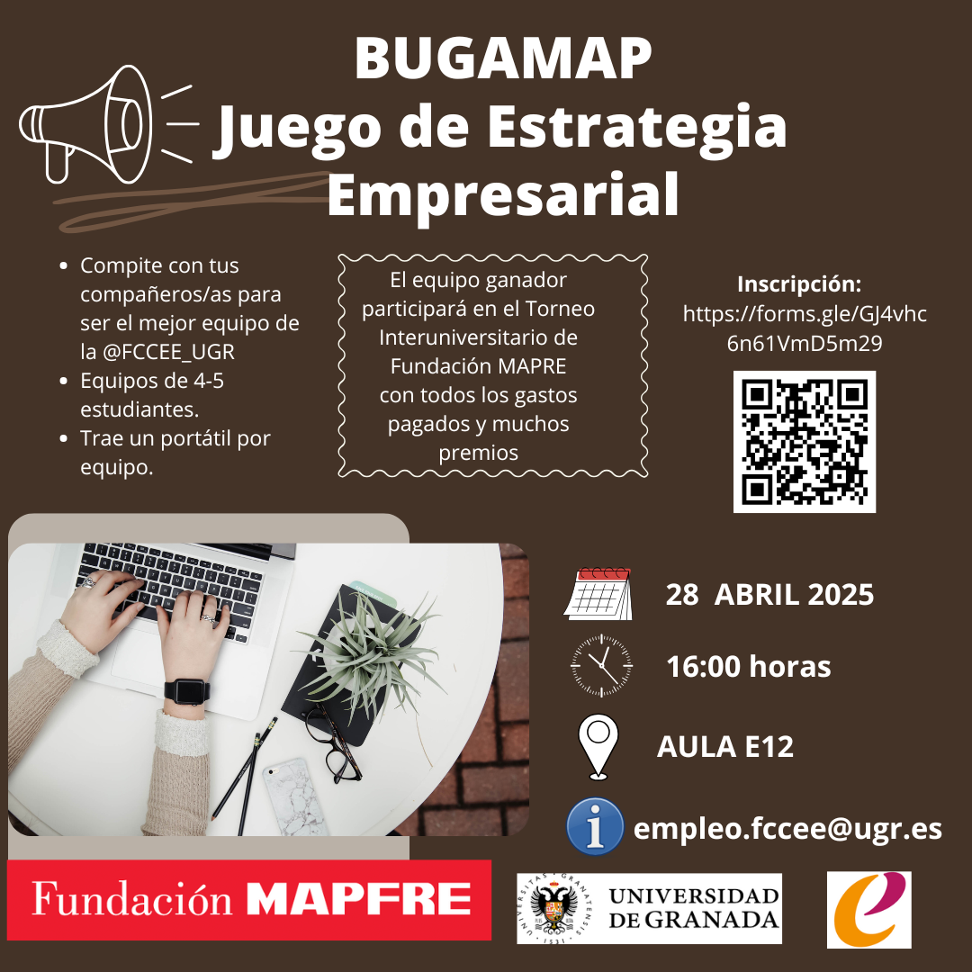 cartel anunciado del taller para Participar en el Juego de Simulación Empresarial organizado por Fundación MAPRE y la Facultad de Ciencias Económicas y Empresariales de la Universidad de Granada