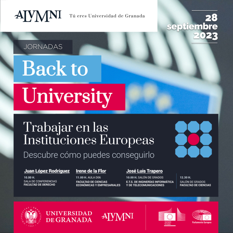 Cartel de la Conferencia "Back to University Instituciones Europeas" impartida por D.ª Irene de la Flor